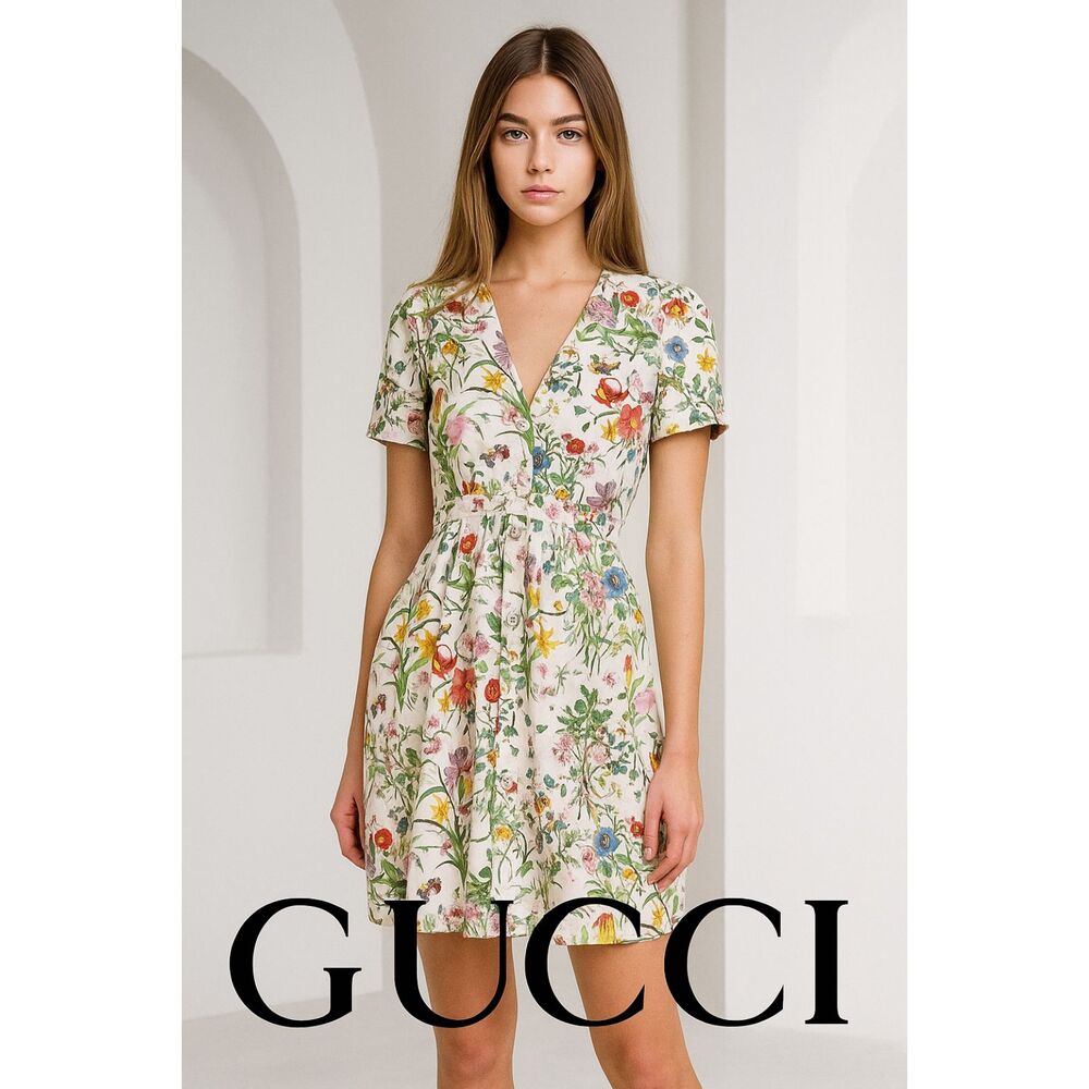Vintage GUCCI Floral Retro Whimsy Pin Up Button Up Midi Dress   Women's Size 40